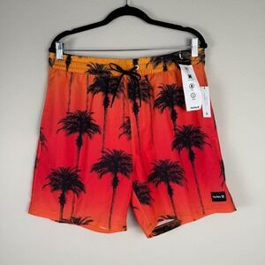 Hurley Palm Tree Print Swim Trunks Quick Dry 4-Way Stretch Size Large Hybrid NEW